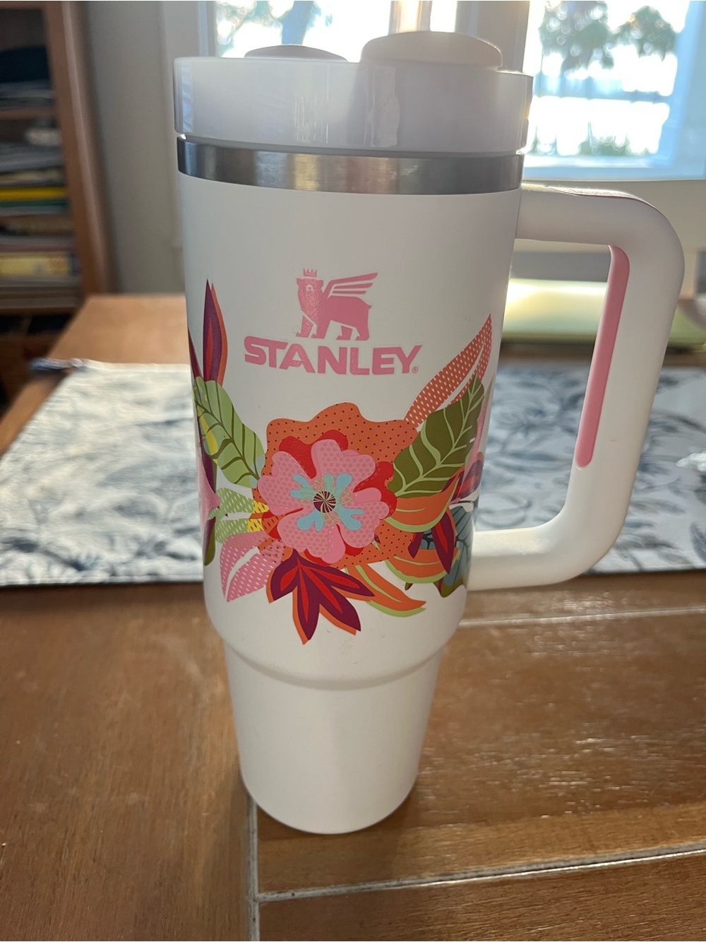 Stanley White Travel Mug with Pink Floral Accent and Green Leaves